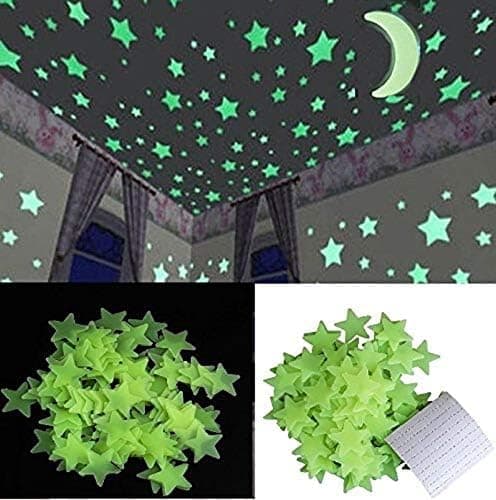 Stickonn Fluorescent Glow in The Dark Star Wall Sticker 100 Stars and Moon, 3x3