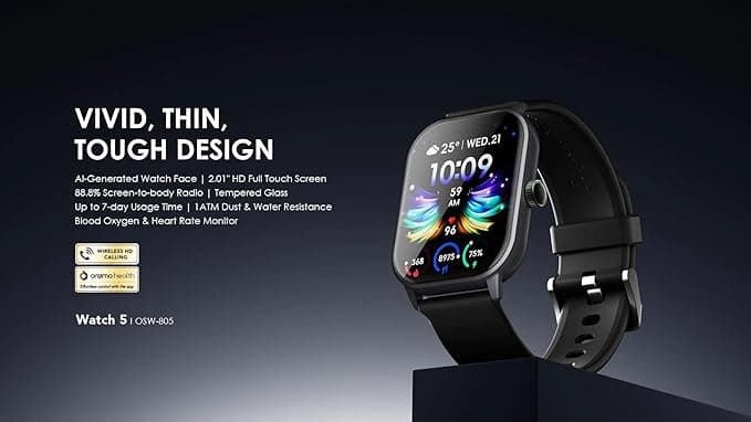 Oraimo Watch 5 2.01-Inch Waterproof HD Smartwatch, Light Chrome Black