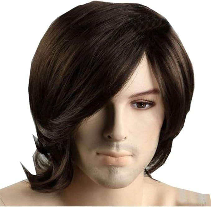 A short hair wig that suits the teeth, brown colored, made of fibers, daily loo