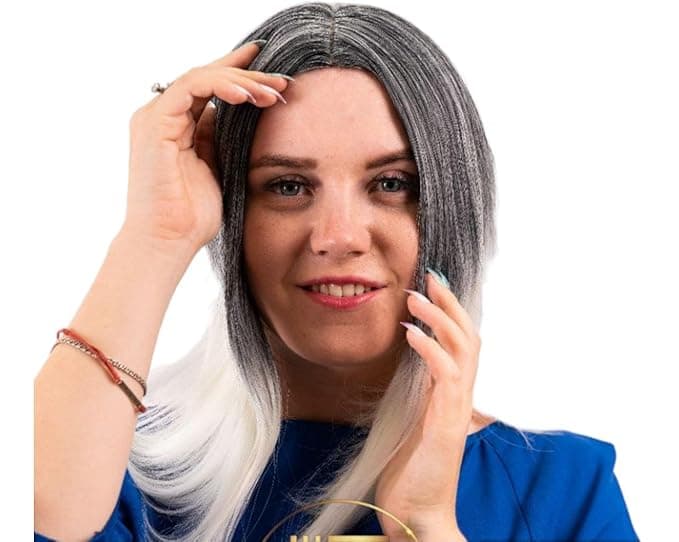 Medium length Fiber Wig Grey and Blood