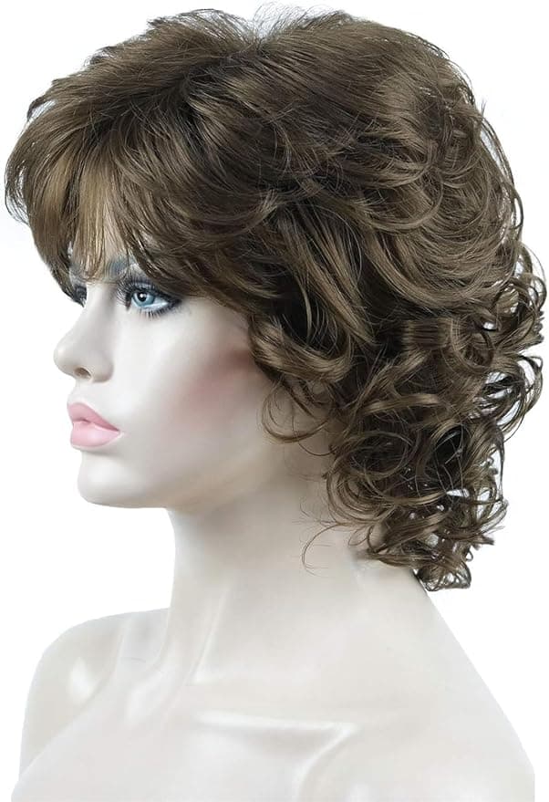Short Curly Layered Synthetic Wigs for Women Medium Gold Brown
