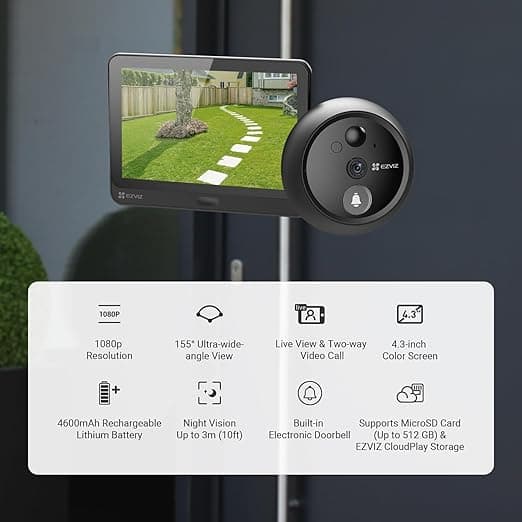 EZVIZ HP4 Video Wireless Doorbell Peephole Viewer 155 1080p 4.3 Color Screen Nig