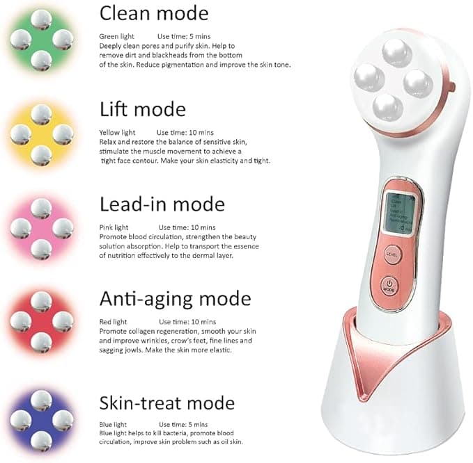 OLITY Ultrasonic Beauty Massager, 5 in 1 RF Radio Frequency LED Facial Anti-Agin