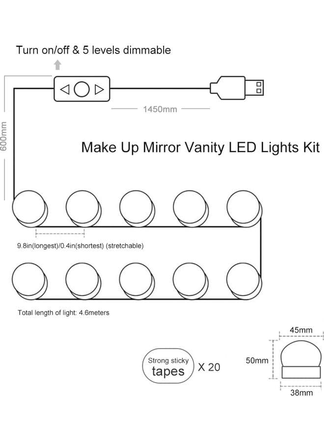 10-Piece LED Vanity Dimmable Mirror Light Kit White 20x14x5.7cm
