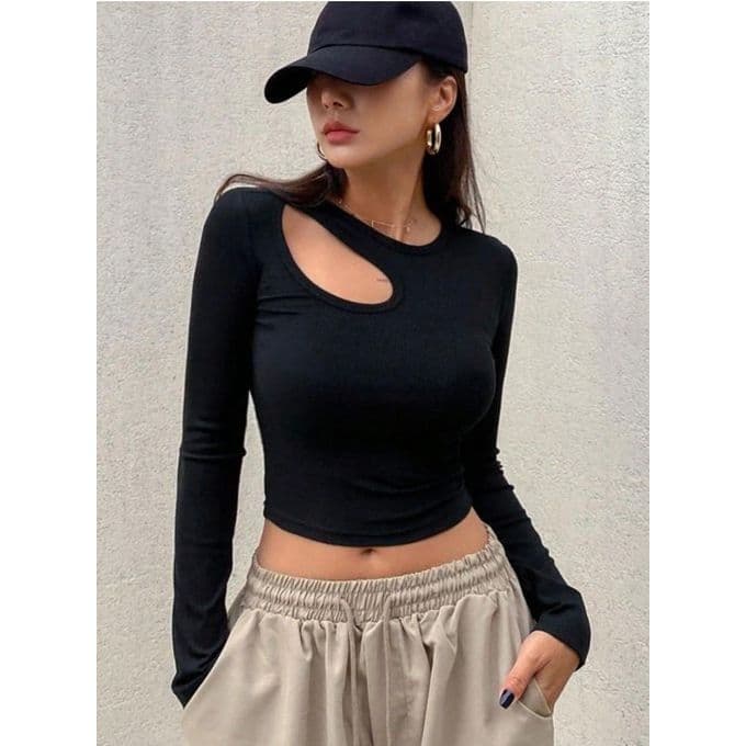 Womens Ribbed Cotton T-shirt - Black