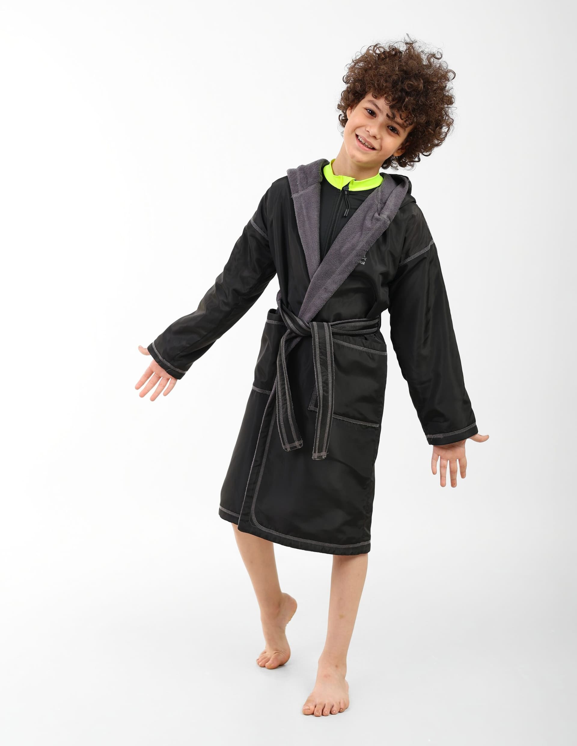 Boys Hooded Swim Robe Black and Grey Quick-Dry Changing Coat