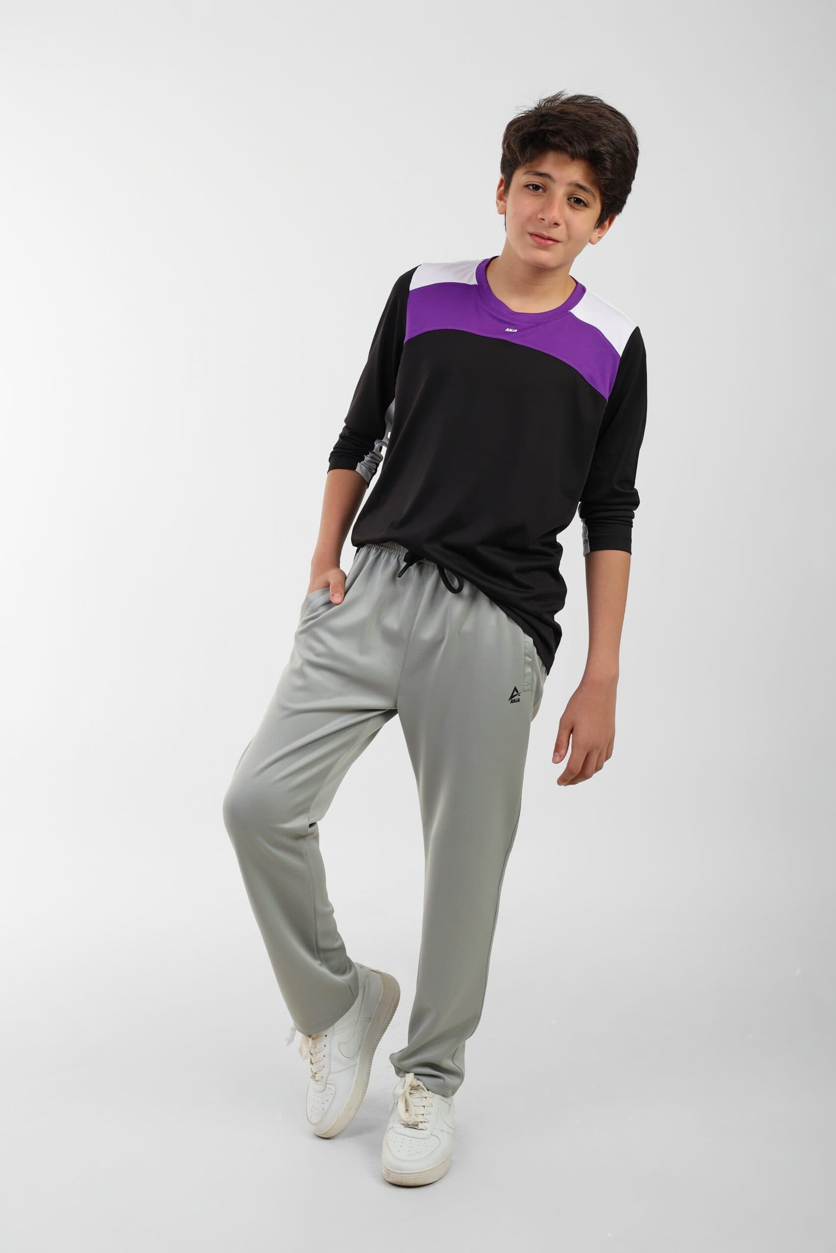 Boys Long Sleeve Sport T-Shirt Black with Purple and White Accents