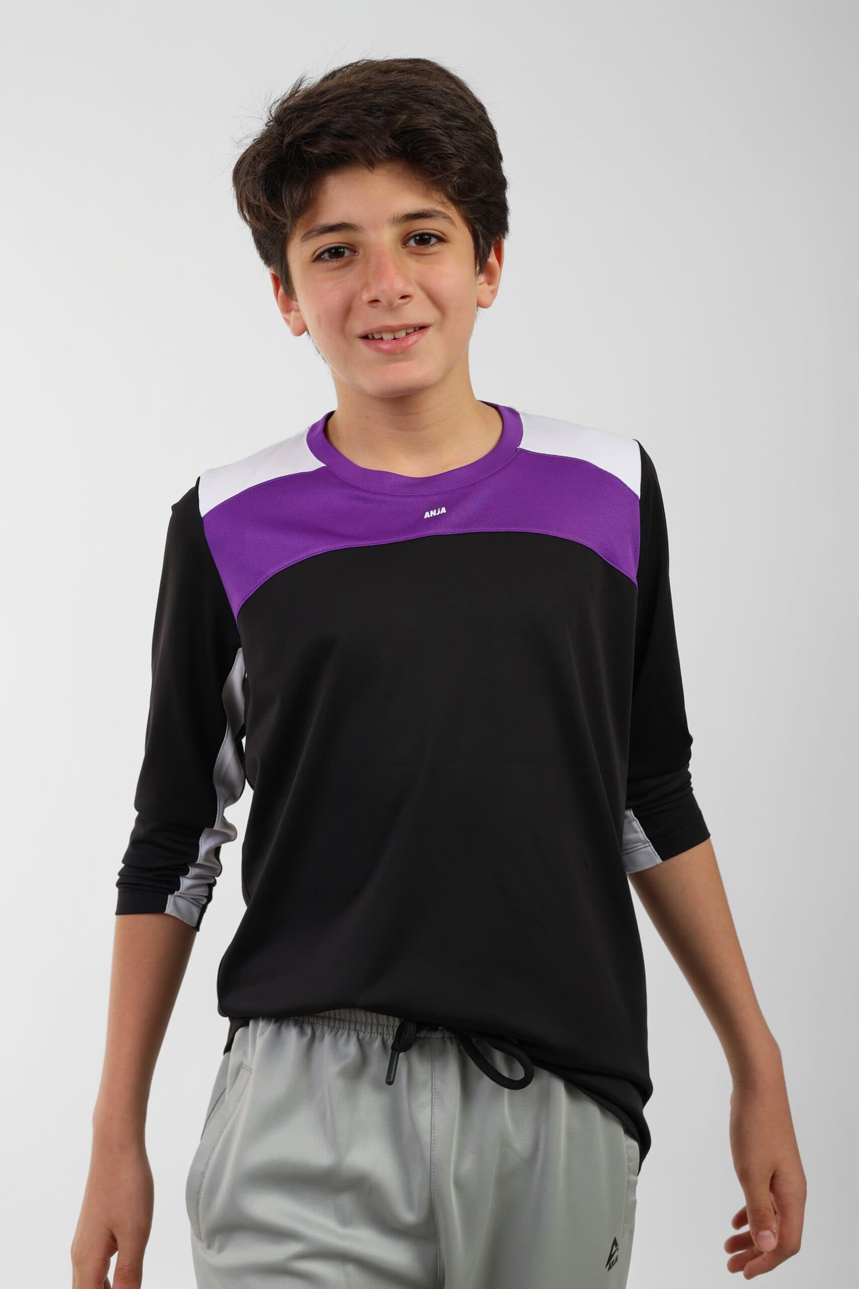 Boys Long Sleeve Sport T-Shirt Black with Purple and White Accents