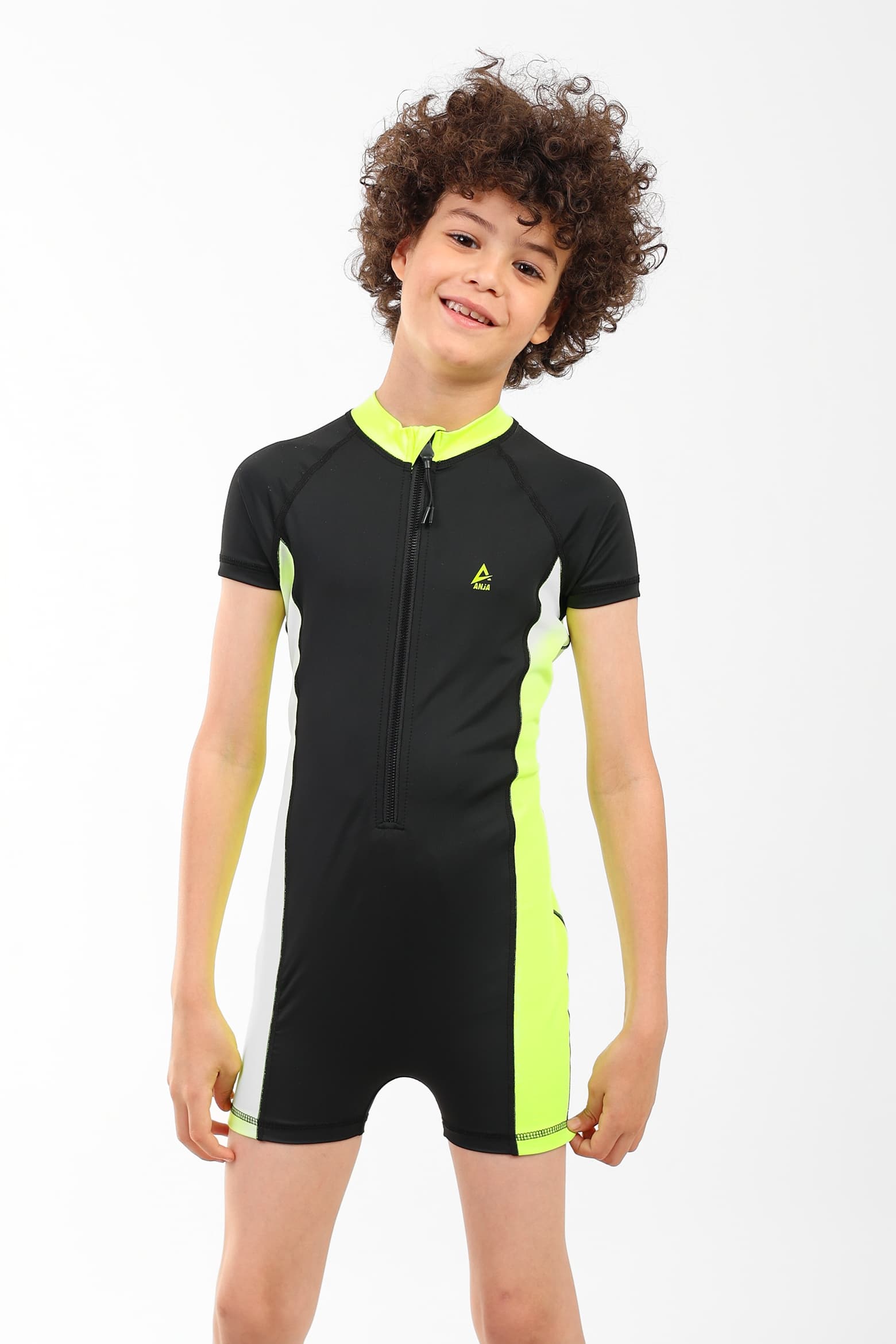 Boys Short Sleeve One-Piece Swimsuit Black with Neon Yellow Side Panels and Fron
