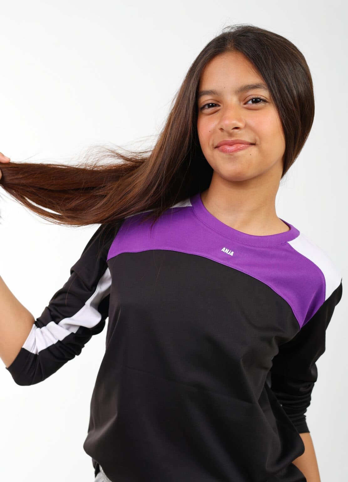 Girls Long Sleeve Sport T-Shirt Black with Purple and White Accents