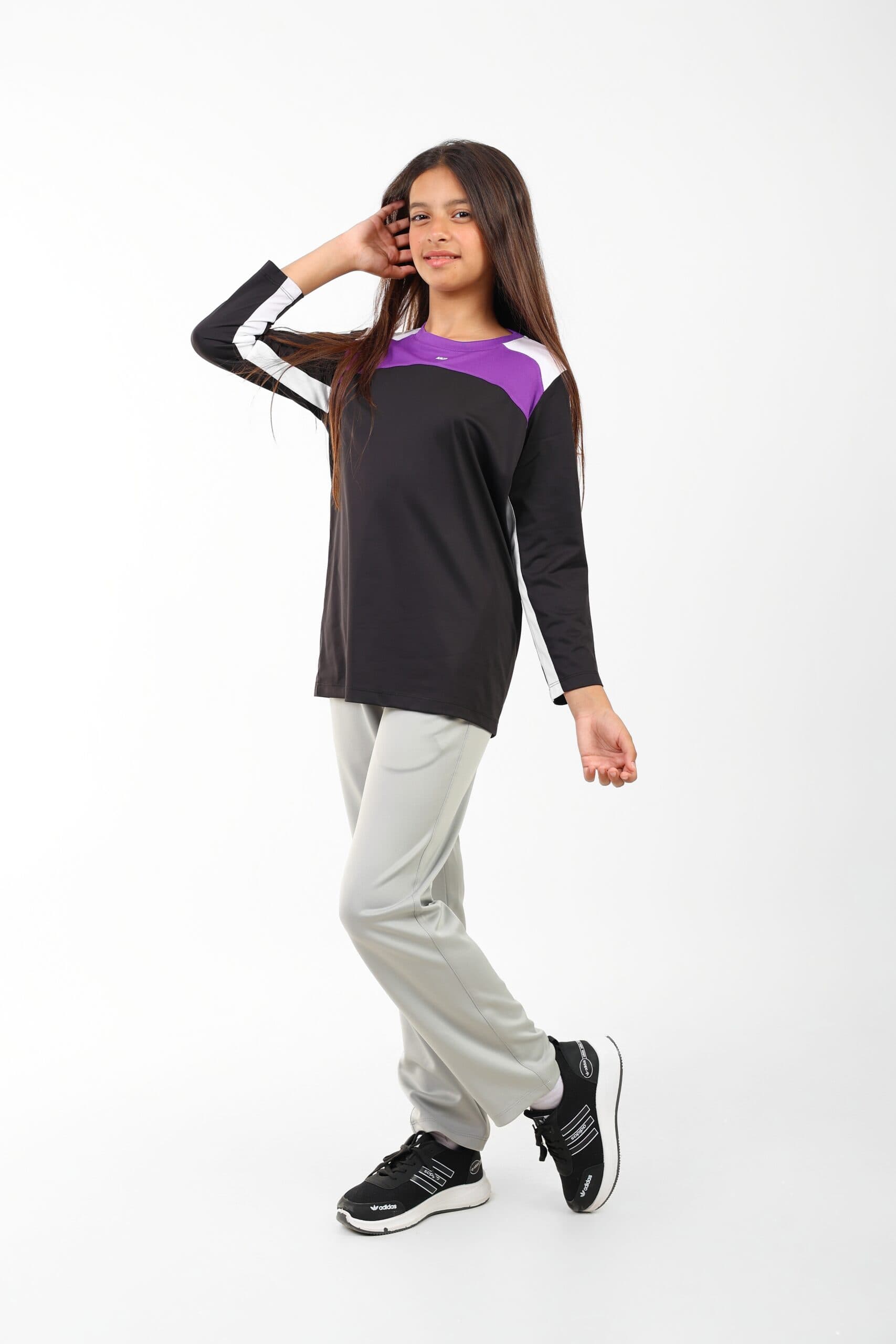 Girls Long Sleeve Sport T-Shirt Black with Purple and White Accents