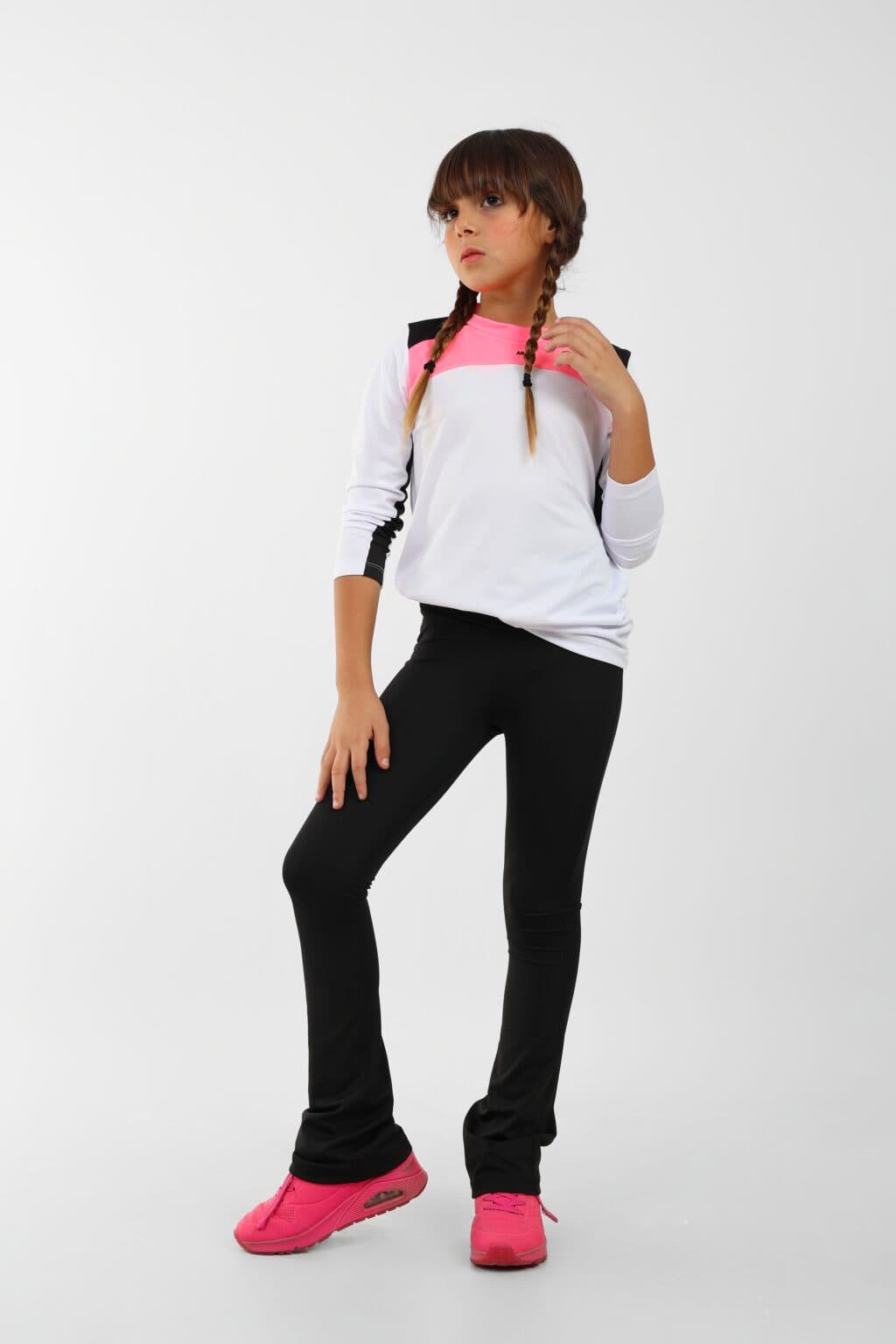 Girls Long Sleeve Sport T-Shirt white neon pink and black Accents