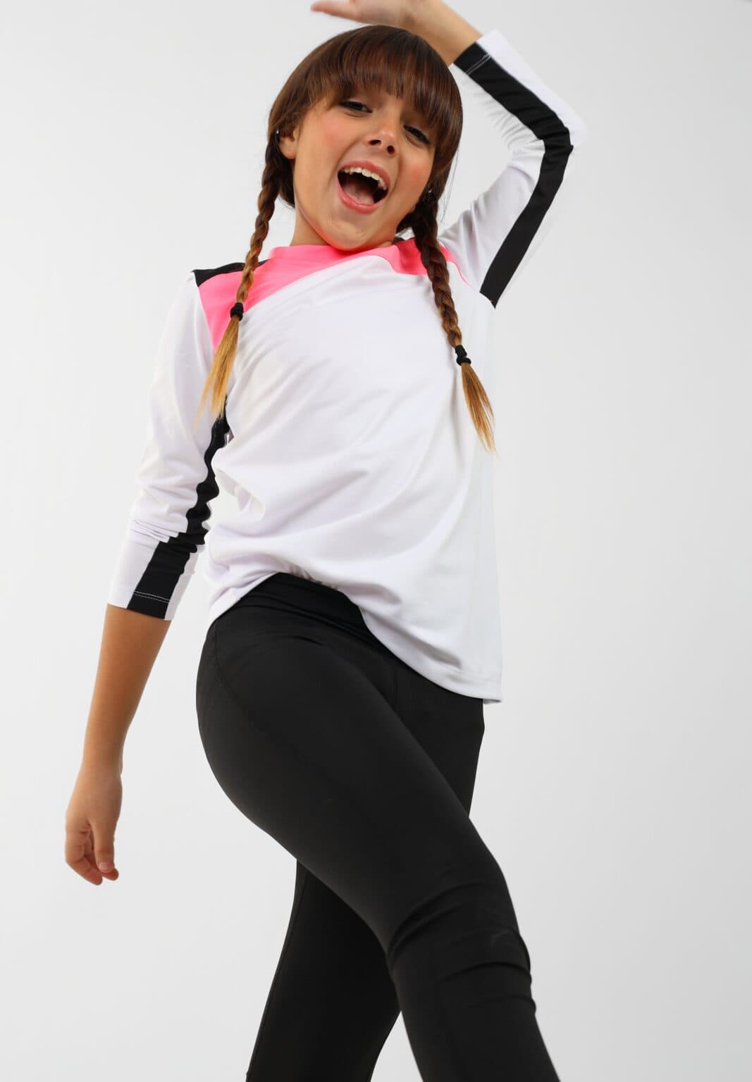 Girls Long Sleeve Sport T-Shirt white neon pink and black Accents