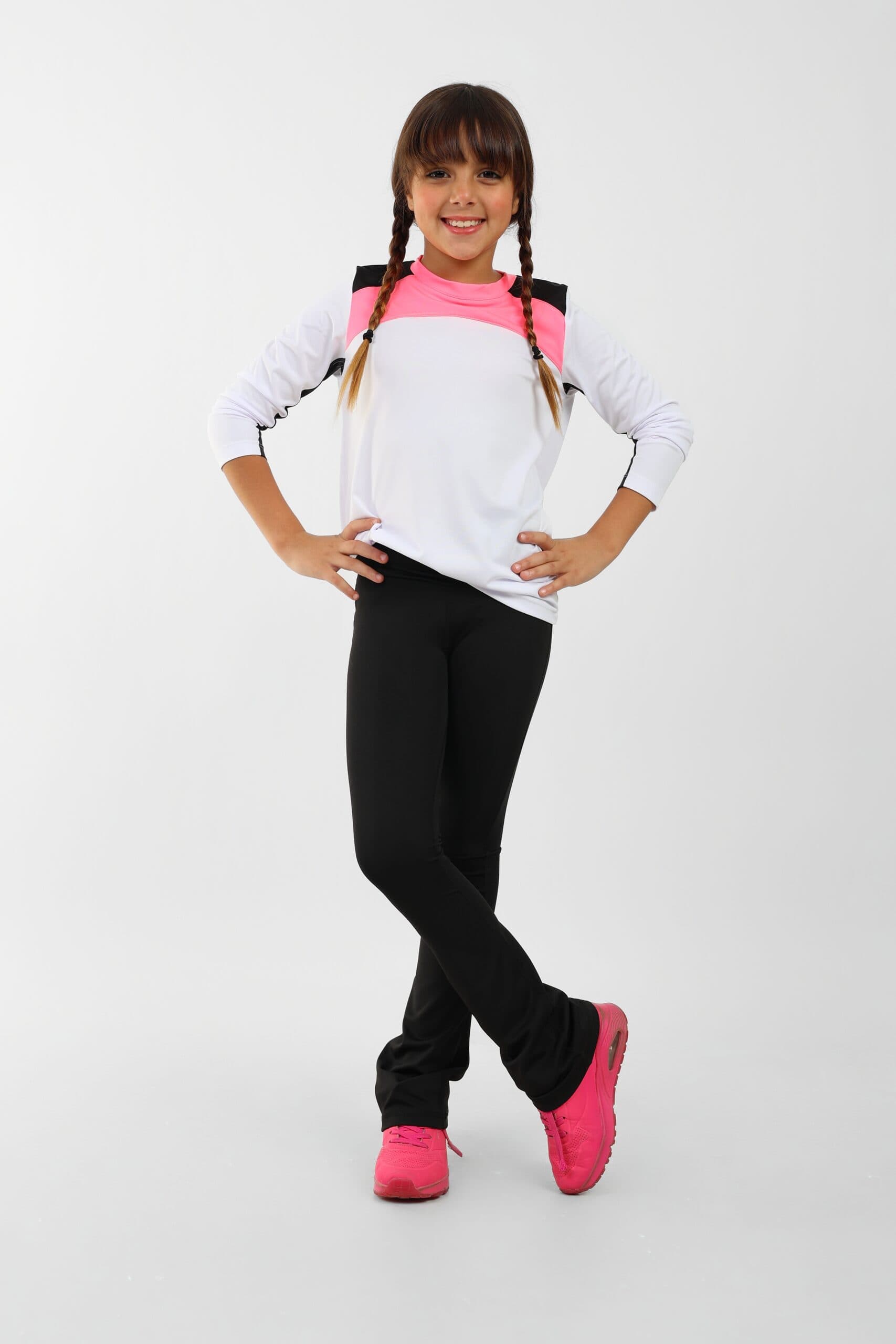 Girls Long Sleeve Sport T-Shirt white neon pink and black Accents