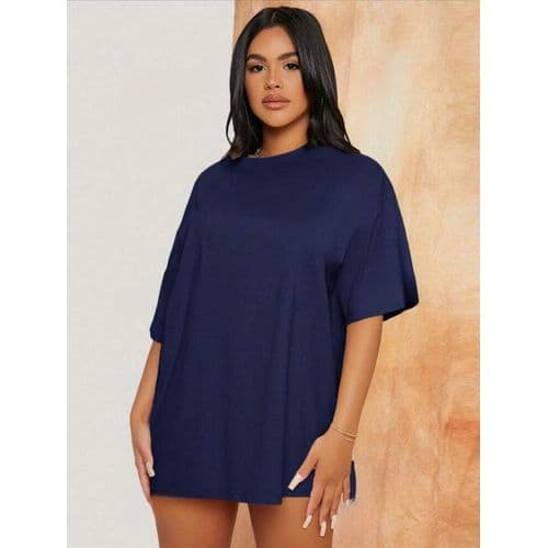 Martina Store Over Size Basic T-shirt For Women Cotton - Dark Blue