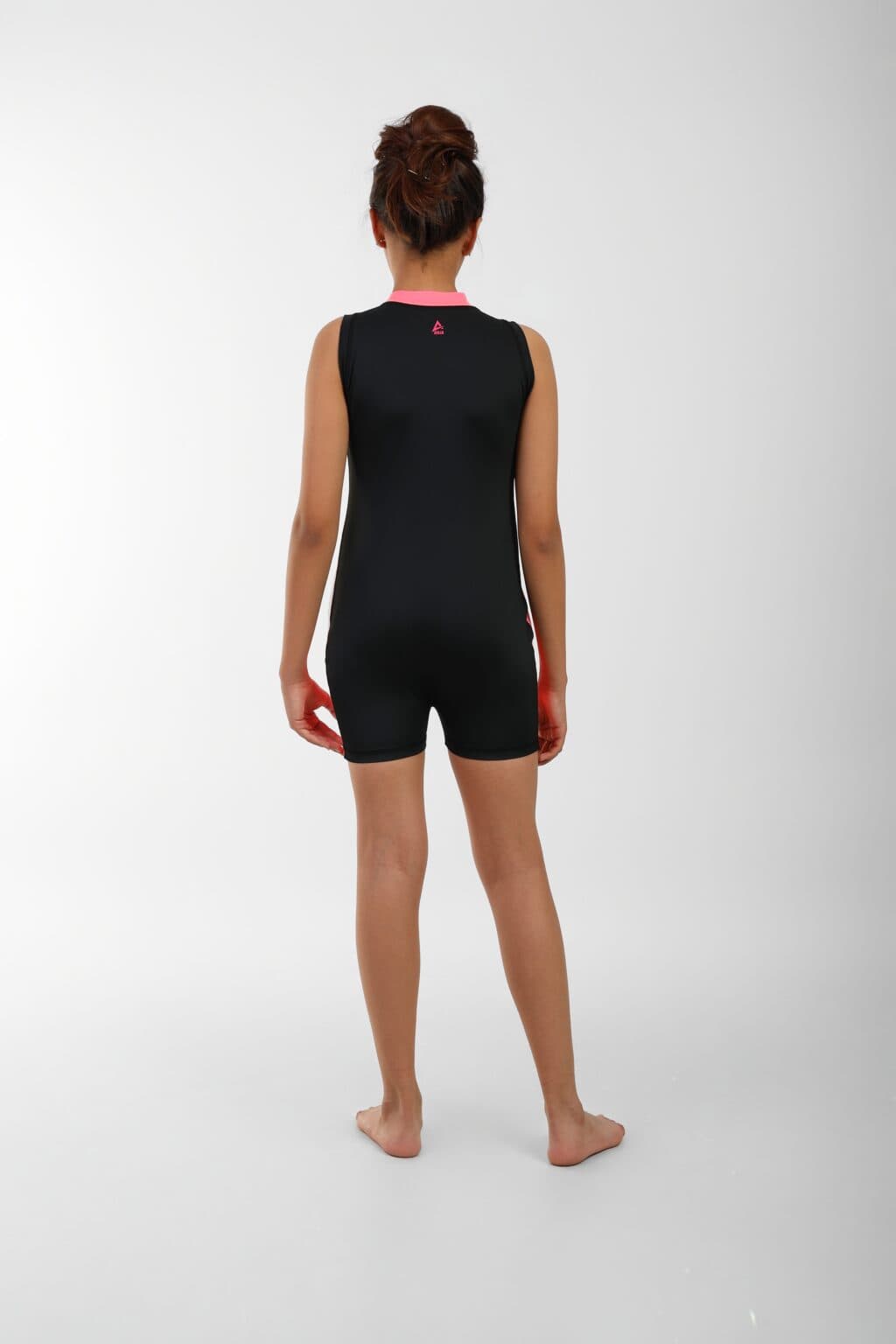 Girls sleeveless One-Piece Swimsuit Black with purple Side Panels and Front Zip