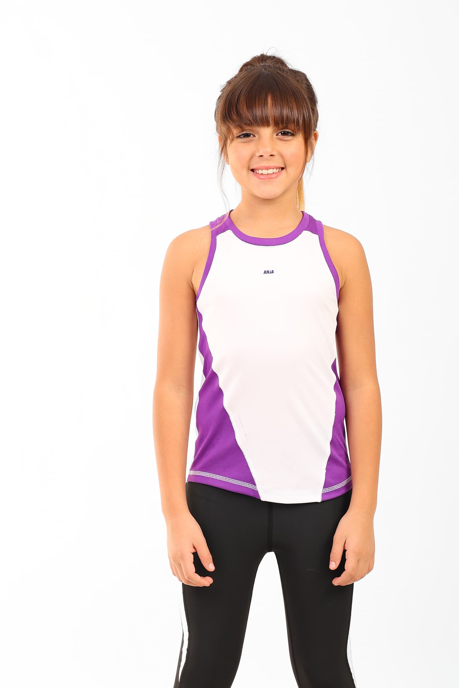 Girls Sleeveless Performance T-Shirt White & Purple Sporty Top