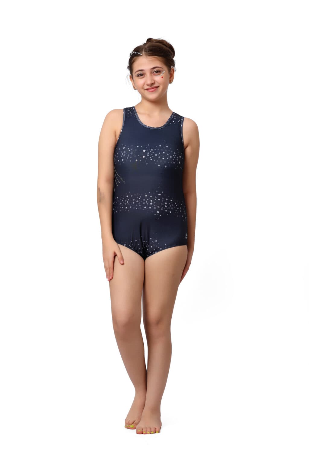 Sleeveless Girls Dark Blue Star Performance Leotard Stretchable Lycra Fabric