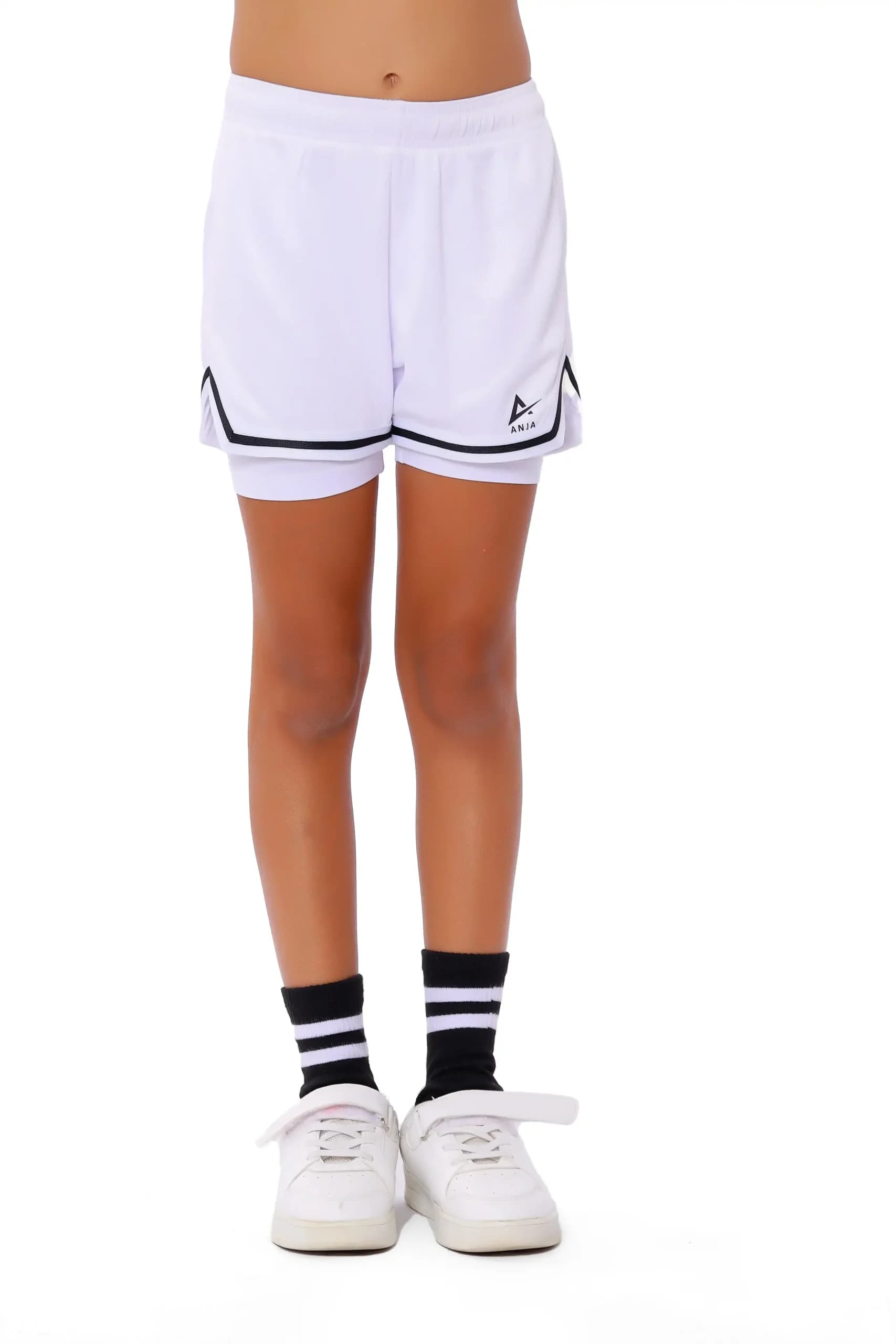 Girls White and Black Double-Layer Basketball Shorts Breathable Fabric