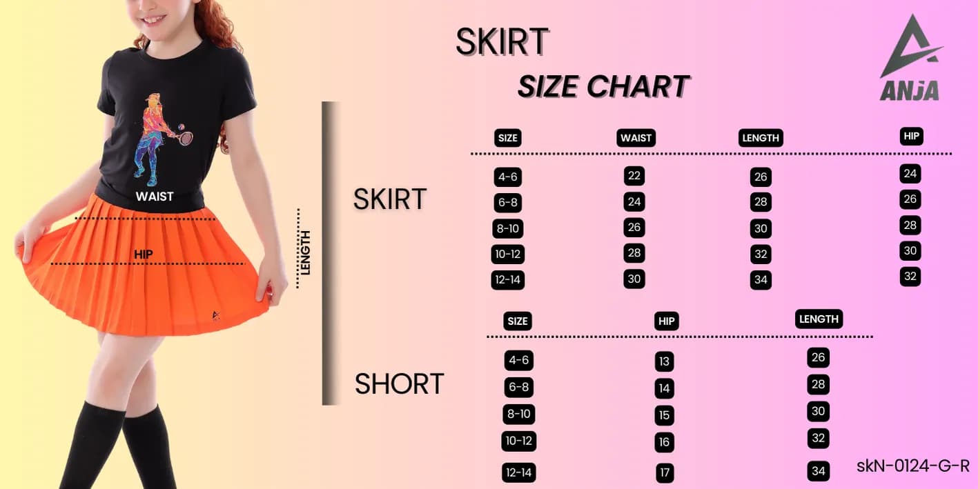 Girls Orange Tennis Skirt Comfortable, Pleated Design