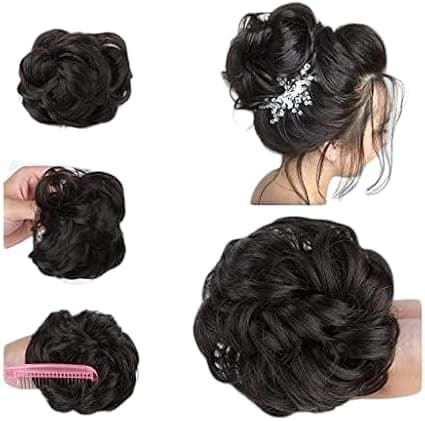 Curly synthetic hair pieces, strong clip for easy installation, hair bun for wo