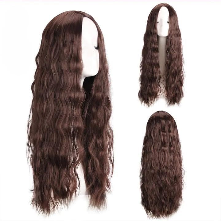 Long curly thick brown synthetic hair wig with side bangs