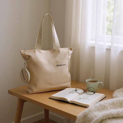 Practical tote bag made of synthetic leather with a small pocket, very practical