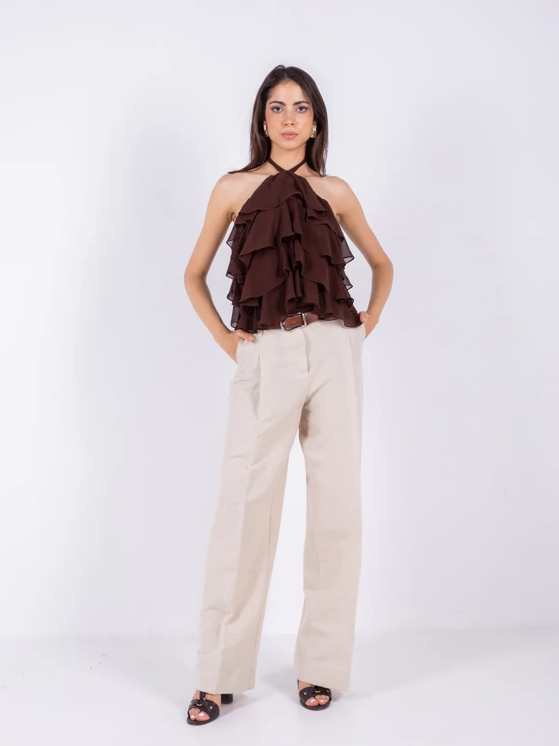 Brown Chiffon Ruffles Top