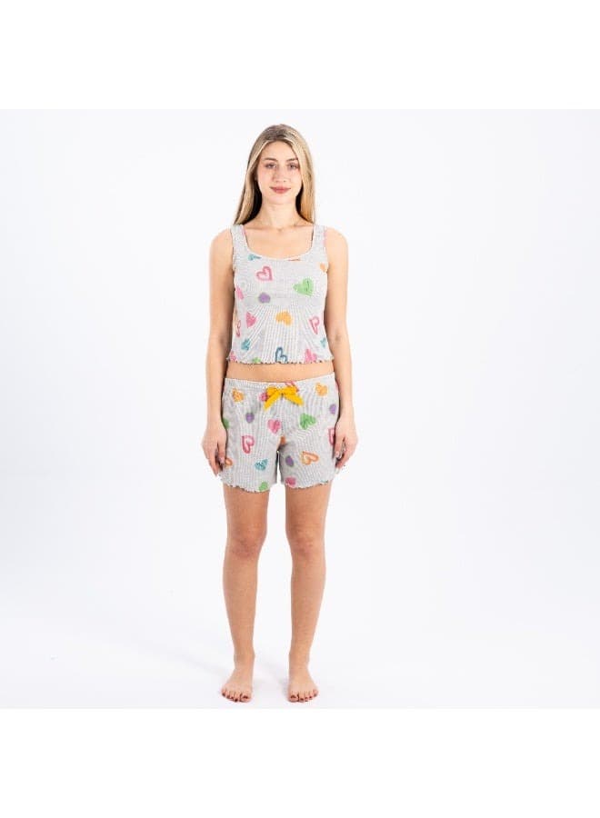 Womens 2-Piece Pajama Set Sleeveless Top & Shorts Colorful Heart Print Soft Cott