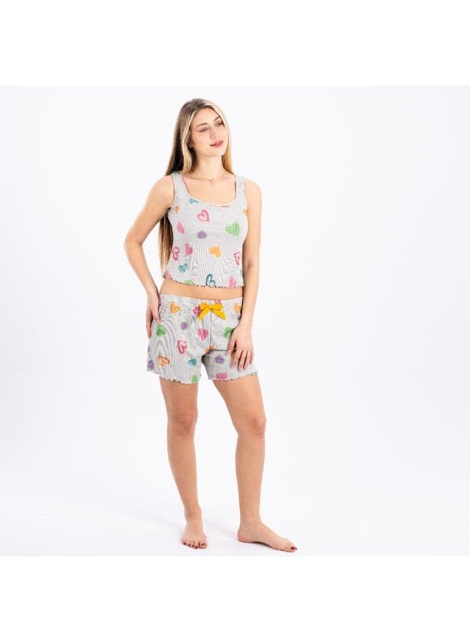 Womens 2-Piece Pajama Set Sleeveless Top & Shorts Colorful Heart Print Soft Cott