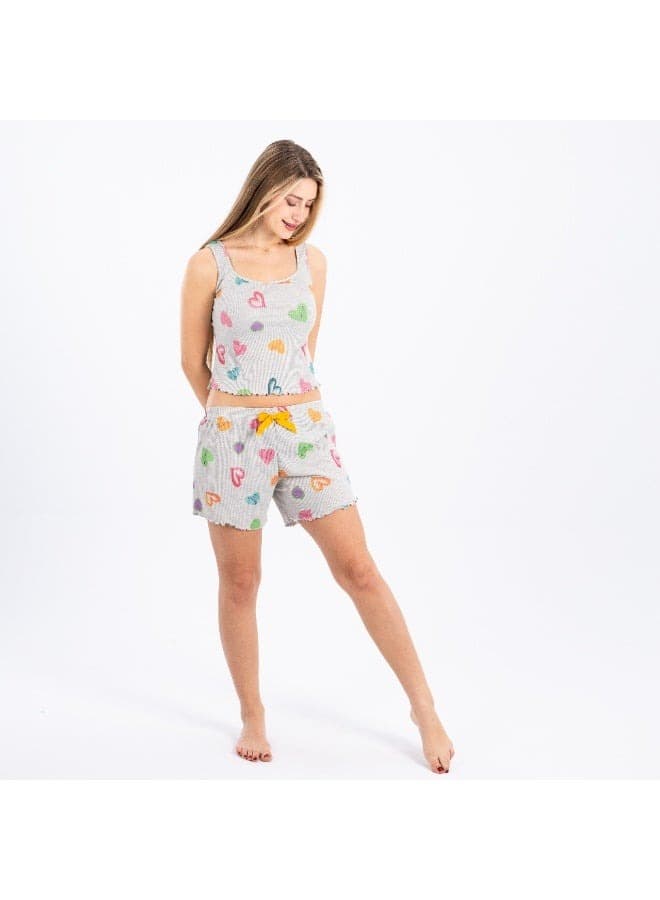 Womens 2-Piece Pajama Set Sleeveless Top & Shorts Colorful Heart Print Soft Cott