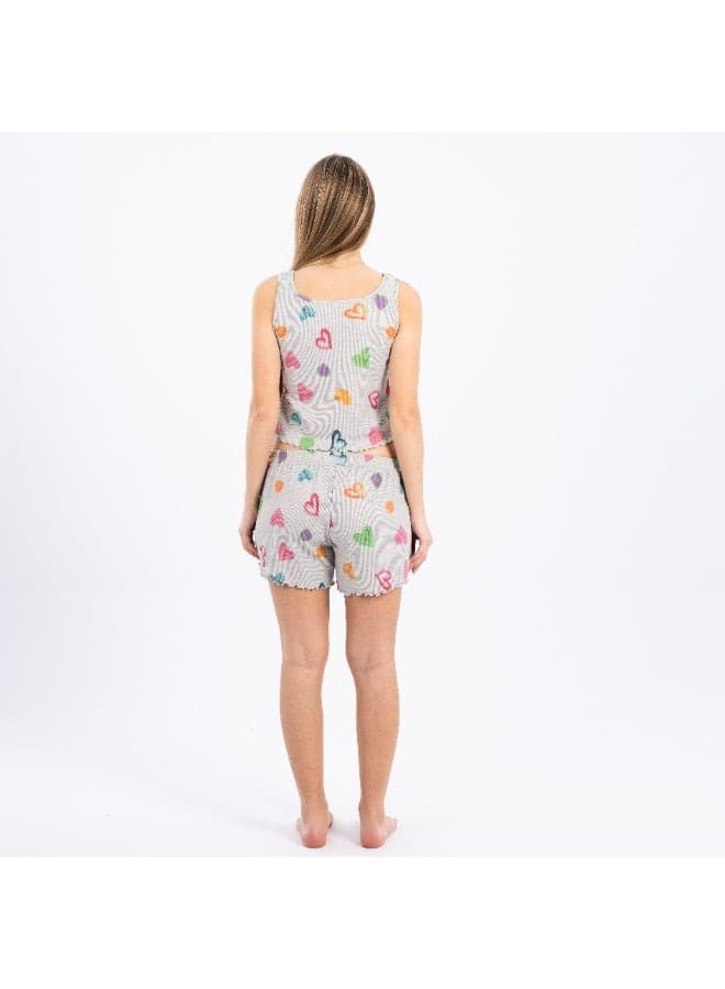 Womens 2-Piece Pajama Set Sleeveless Top & Shorts Colorful Heart Print Soft Cott