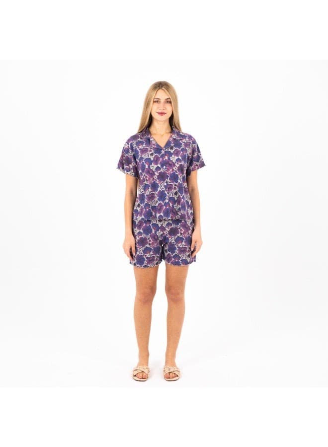 Classic Pajama Set for Women - 100 Cotton Floral Print Button-Down Top & Shorts