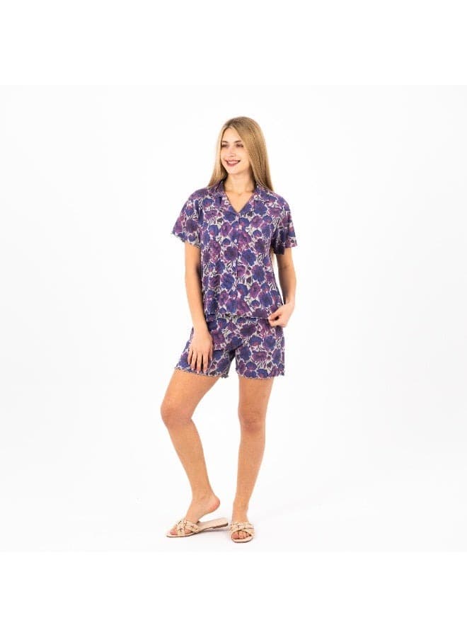 Classic Pajama Set for Women - 100 Cotton Floral Print Button-Down Top & Shorts