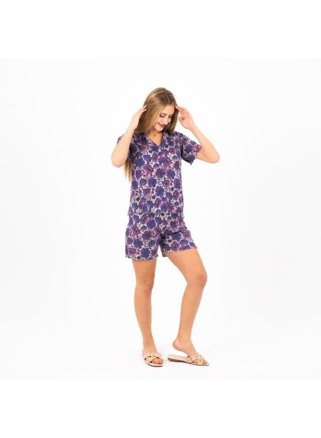 Classic Pajama Set for Women - 100 Cotton Floral Print Button-Down Top & Shorts