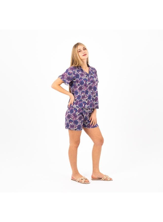Classic Pajama Set for Women - 100 Cotton Floral Print Button-Down Top & Shorts