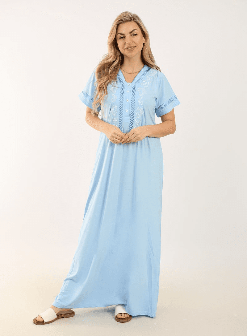 Summer Maxi Abaya Long Dress with Light Blue Embroidery Elegant Long Sleeves Vis
