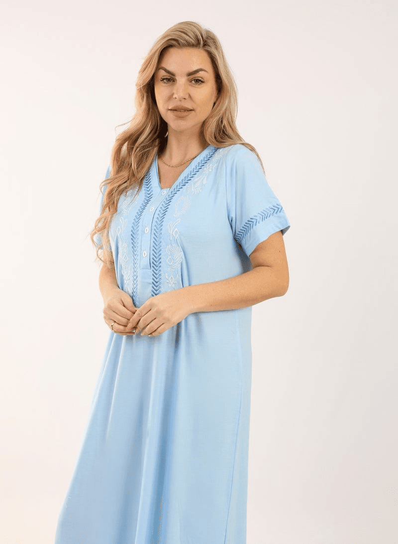 Summer Maxi Abaya Long Dress with Light Blue Embroidery Elegant Long Sleeves Vis