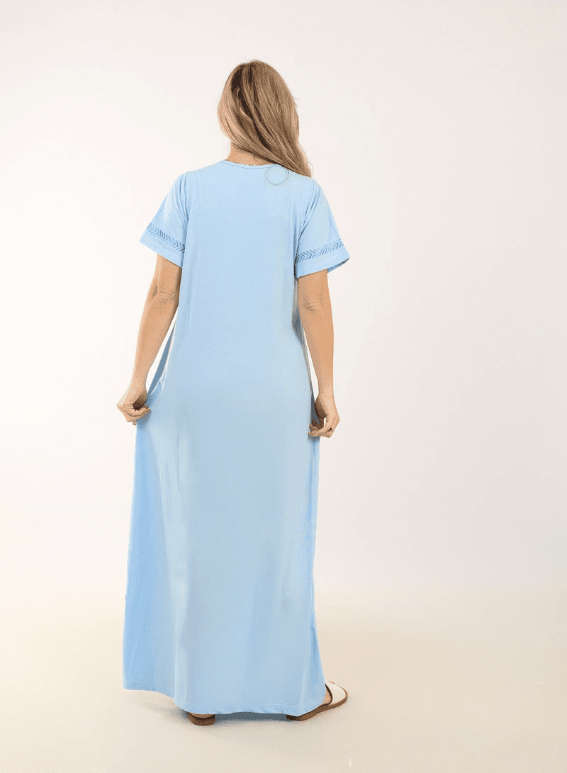 Summer Maxi Abaya Long Dress with Light Blue Embroidery Elegant Long Sleeves Vis