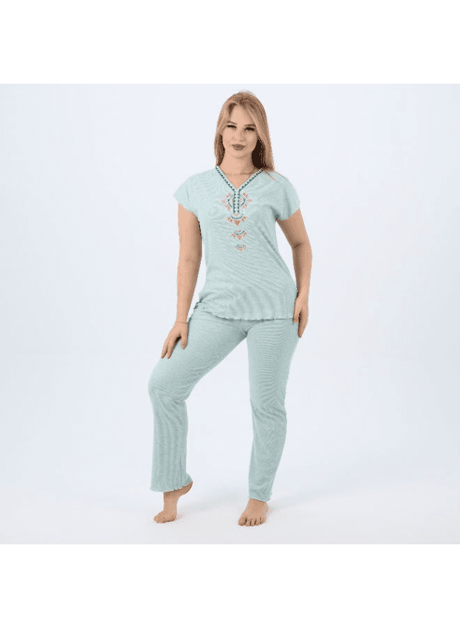 Cotton Embroidered Womens Pajama Set Soft Lounge Wear Short Sleeve Top & Full-Le