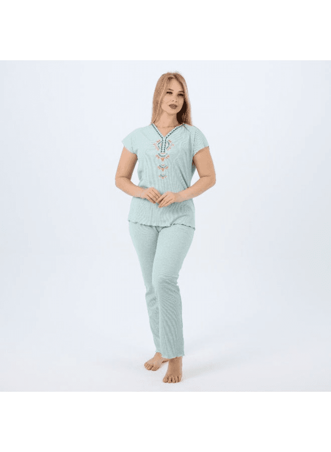 Cotton Embroidered Womens Pajama Set Soft Lounge Wear Short Sleeve Top & Full-Le