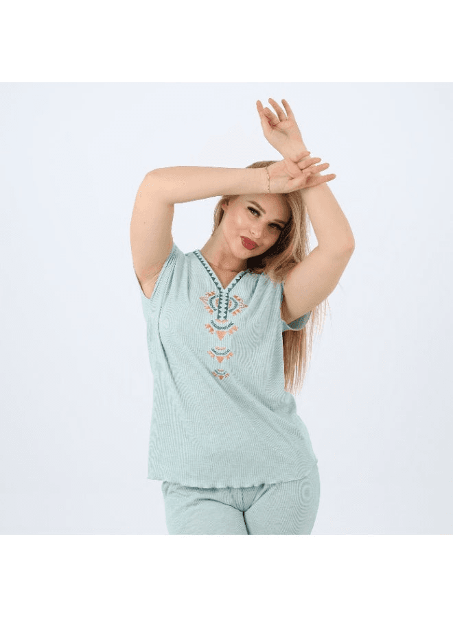 Cotton Embroidered Womens Pajama Set Soft Lounge Wear Short Sleeve Top & Full-Le