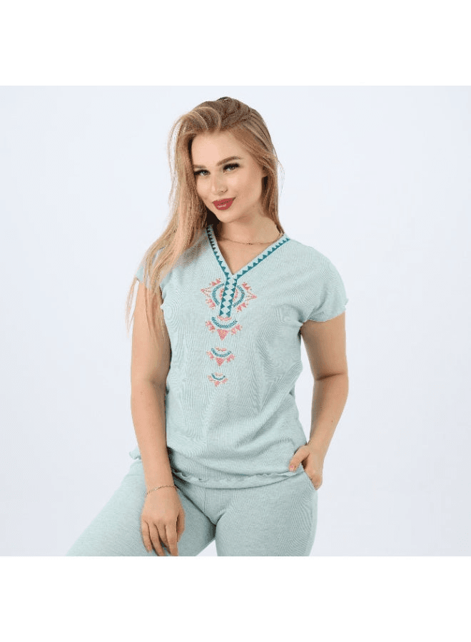 Cotton Embroidered Womens Pajama Set Soft Lounge Wear Short Sleeve Top & Full-Le