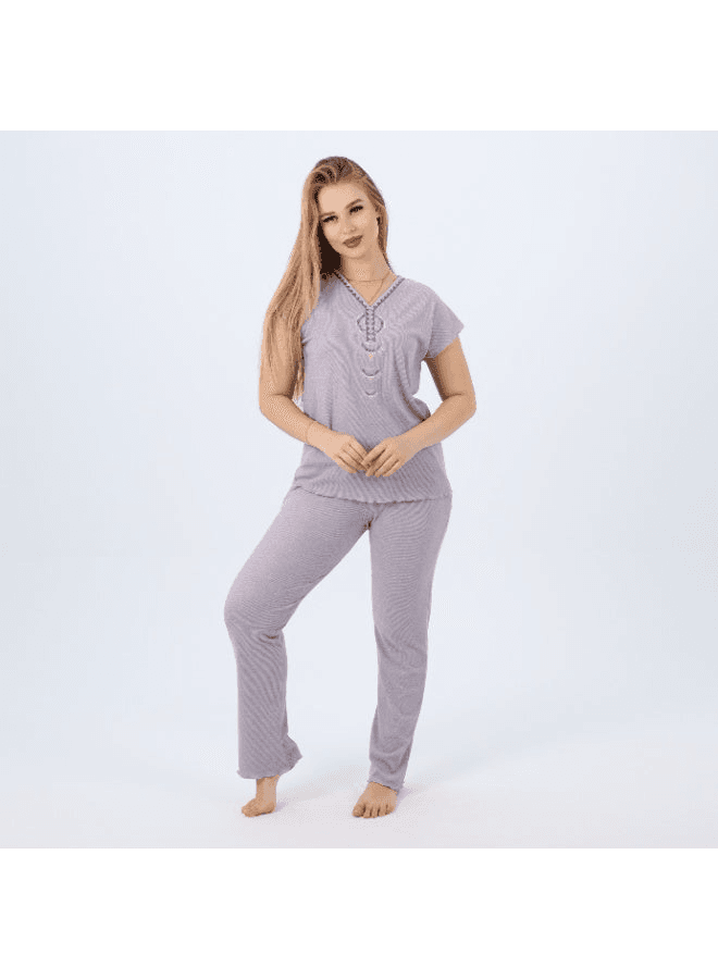 Cotton Embroidered Womens Pajama Set Soft Lounge Wear Short Sleeve Top & Full-Le