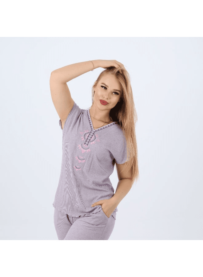 Cotton Embroidered Womens Pajama Set Soft Lounge Wear Short Sleeve Top & Full-Le