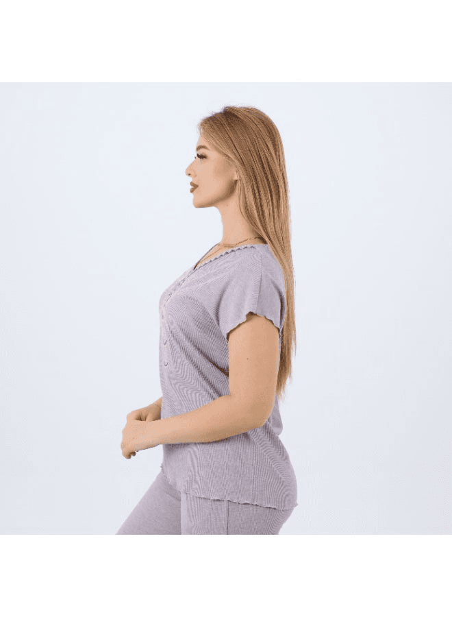 Cotton Embroidered Womens Pajama Set Soft Lounge Wear Short Sleeve Top & Full-Le