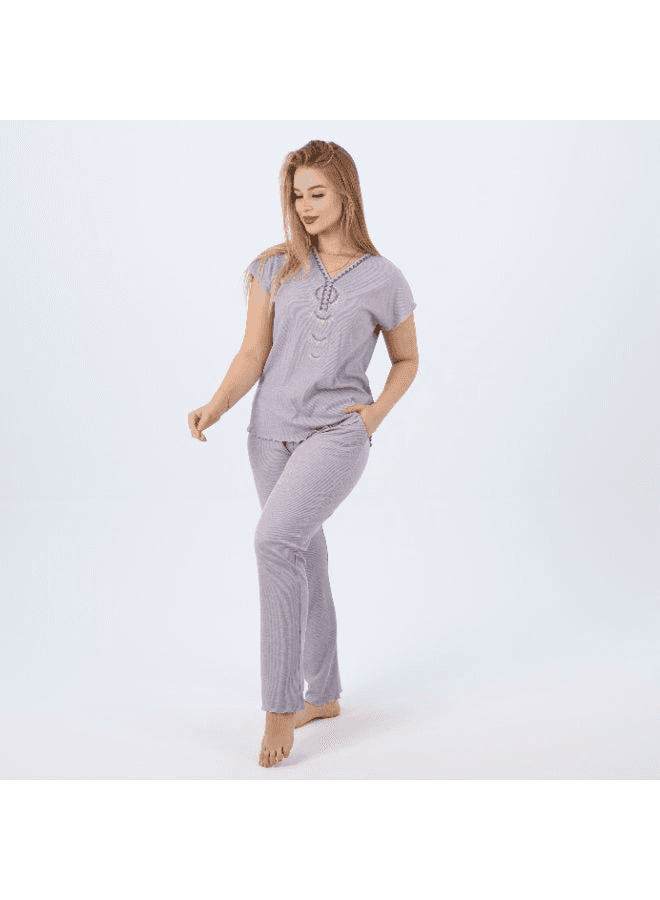 Cotton Embroidered Womens Pajama Set Soft Lounge Wear Short Sleeve Top & Full-Le