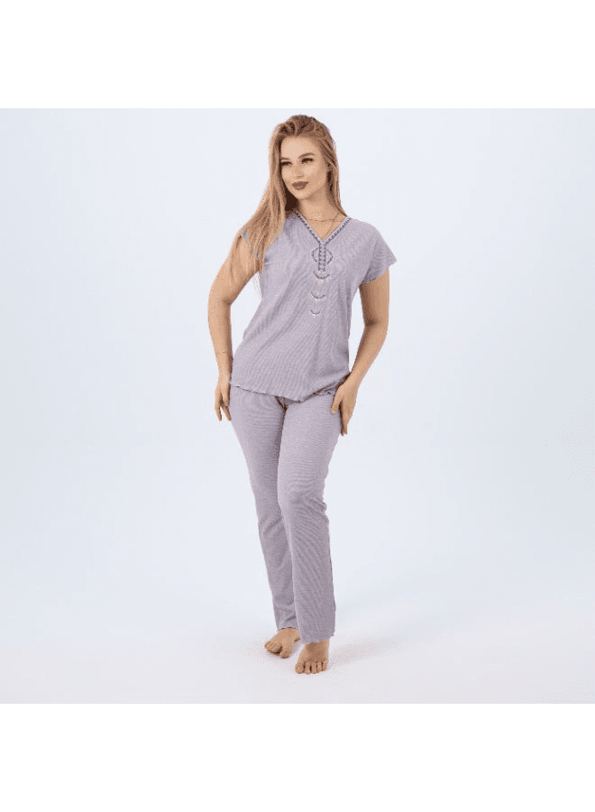 Cotton Embroidered Womens Pajama Set Soft Lounge Wear Short Sleeve Top & Full-Le