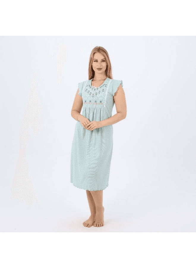 Summer Short Ribbed Cotton Nightdress with Colorful Embroidery Lightweight & Bre