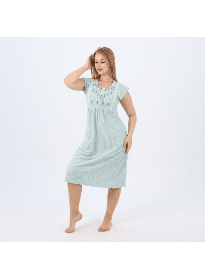 Summer Short Ribbed Cotton Nightdress with Colorful Embroidery Lightweight & Bre
